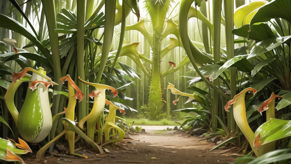 (tropical pitcher plants :1.5),with a large mouth and sharp teeth.,in the forest, landscape:1.5