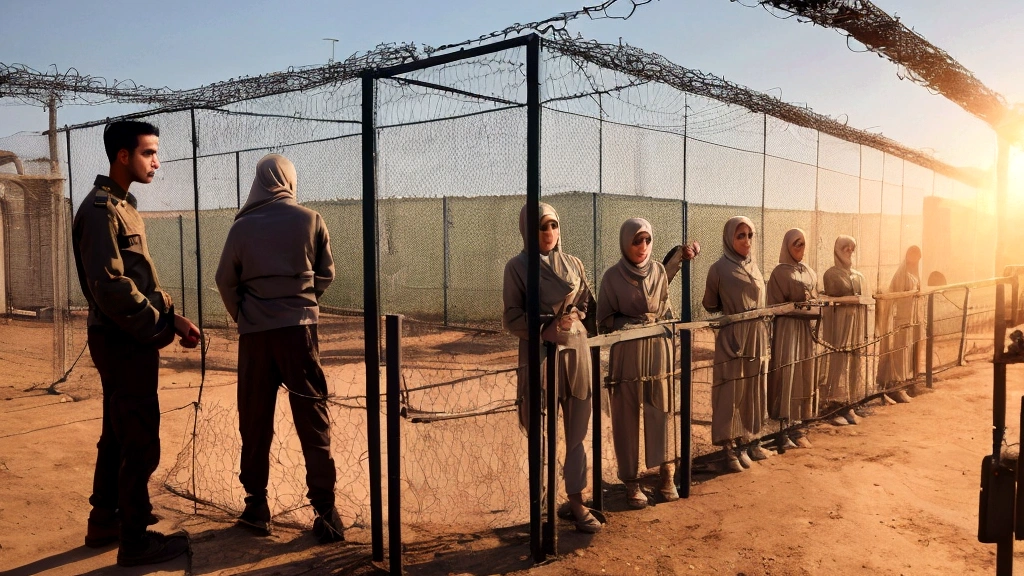 a group of iranian 25 years old woman prisoners wearing bra lace panties with hijab in a cage made of barbed wire. They stand line up waiting, with a soldier talking to them at the gate. fearful face, Chained Woman, Full Body, Chained Chain, plump body, prison atmosphere