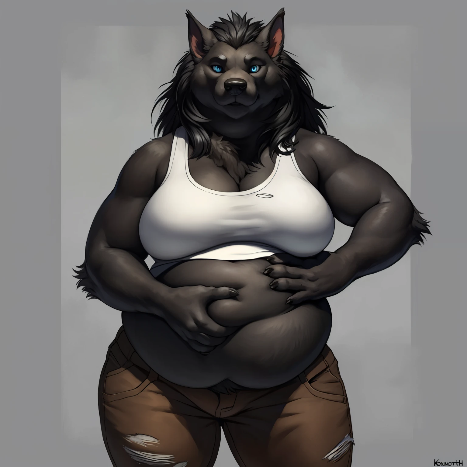 solo, ultra detailed), a beautiful and detailed full size portrait of a female anthro, canid, worgen, ((black body, dark skin, fur, long hair, black hair)), big body, adult, mature, fur, non-mammal breasts, looking at viewer, blue eyes, detailed background, looking at viewer, detailed eyes, sexy body, goddess, overweight body, fat belly, fat face, (fat arms:1.4), (fat fingers), (fat neck:1.3), (double chin:1.5), (fat cheeks:1.2), (puffed cheeks), love handles, deep navel, (huge butt), belly overhang, (weightchubby:1.8), kenket, Ross Tran,ruan jia, trending on artstation, foxovh, ((torn white tank top, torn brown pants)), ((front view)), big butt, ((worried, shocked face, hand on belly)), simple background, grey background