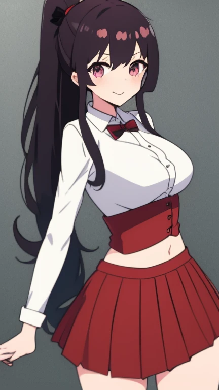 high tail hairstyle, Ponytail hairstyle, Long wavy black hair, standing posing, anime girl style, pixel art anime style,penetrating look with deep eyes,red and purple eyes, hair with a ponytail hairstyle trapped with a big red bun, Women, red hair clips, short white shirt, mini skirt, smiling face blush, standing in his bedroom, next to his bed, lifting her skirt