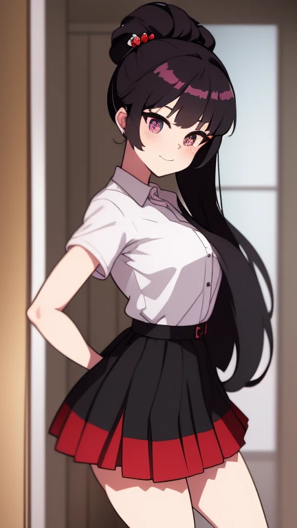 high tail hairstyle, Ponytail hairstyle, Long wavy black hair, standing posing, anime girl style, pixel art anime style,penetrating look with deep eyes,red and purple eyes, hair with a ponytail hairstyle trapped with a big red bun, Women, red hair clips, short white shirt, mini skirt, smiling face blush, standing in his bedroom, next to his bed, lifting her skirt