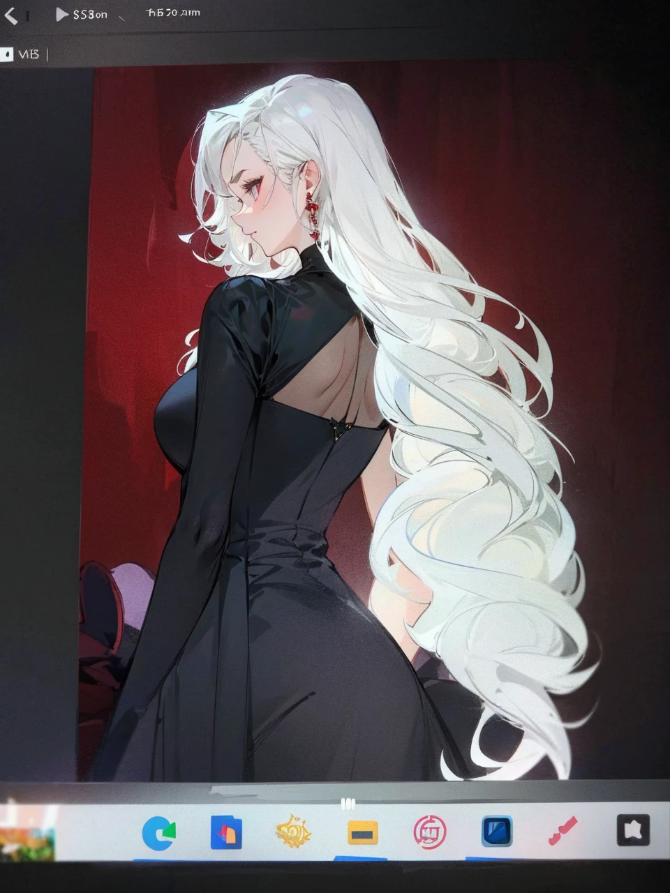 Add in roses to her dress, a good back dress design with some golden jewelry, make her dress into a red and white gown with a hat, give her some unique Jewelry, and make her look somewhat of a demonic angel like appearance to her