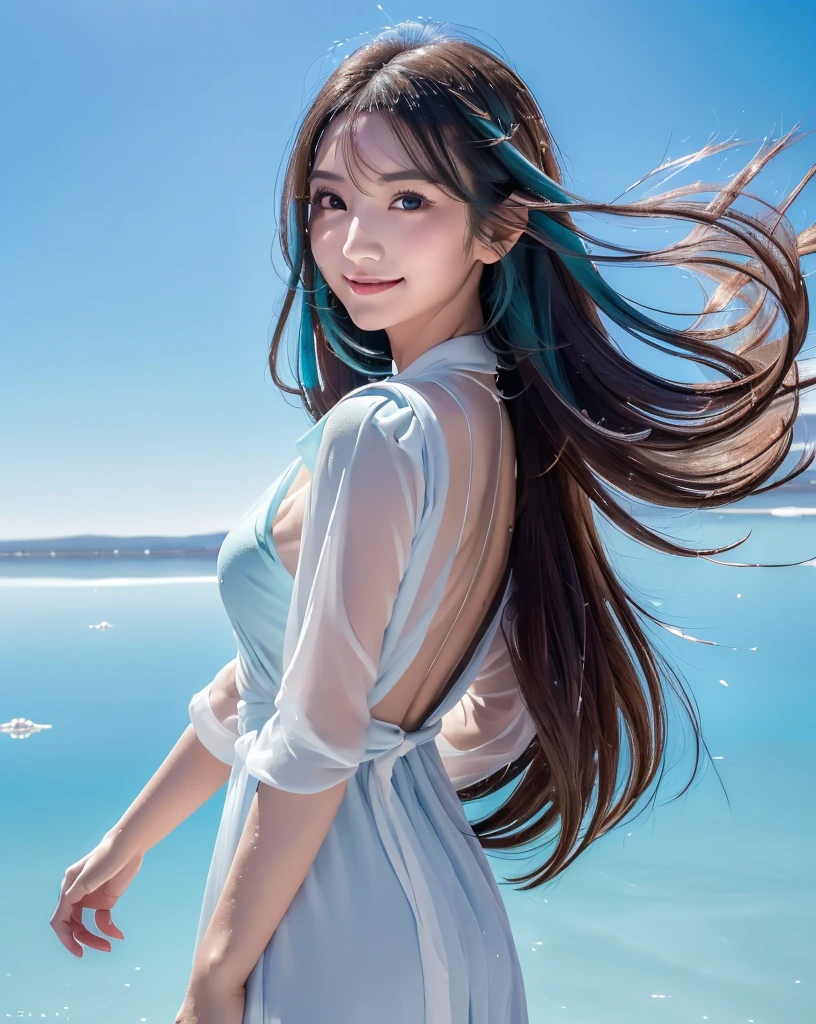 (Highest quality, 32k, High resolution, Masterpiece:1.5), marimo_jet, god々A photograph with brilliant dazzling and healing power., Evoking a sense of calm and elusive beauty, Expressing emotions, Have a rich imagination, Beautiful Japanese Girls, An exceptionally beautiful face, Small Face Beauty, , Perfect Human Anatomy, Magical big eyes, Motherhood and generosity, Deep Love, fleeting smile, Shiny pearl white iridescent hair, Super long hair swaying in the wind, Asymmetrical bangs, Hair between the eyes, Transparent, soft white skin, Sharp eyebrows, Thin lashes, ((Natural Makeup:1.3)), Red dress, High resolutionの完璧な鎖骨, High resolutionの美しい胸元, Slim figure with ample breasts, High resolutionの美しい太もも, ((An old castle appears hazy on the distant horizon:1.5)), ((Salar de Uyuni stretches to the horizon:1.3)), ((The water surface reflects the sky like a mirror:1.5)), Beautiful detailed blue sky, Professional photographer, Professional Lighting, Professional models, god秘的