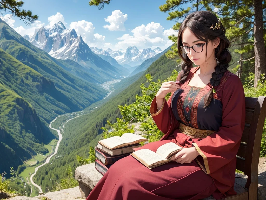 Cute girl sitting on rock 、Beautiful forest, high mountains of the Alps, one bird 、Cute girl, detailed beautiful eyes, braids, realistic, masterpiece, cinematic, Gorgeous ethnic clothing, Wearing gorgeous traditional clothing and glasses, reading an old book
