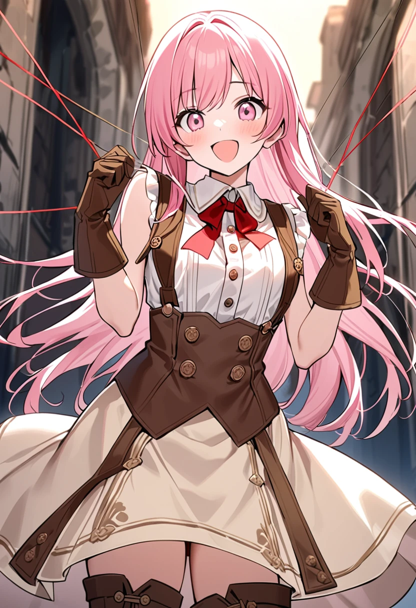 20 years old, with short pink hair just below the shoulders, pale pink eyes, and an expression that is serious yet happy. She dresses in an antique style, wearing a long light brown skirt, a sleeveless white blouse with a vertical red line down the center on the buttons, brown gloves, and high boots with many straps. Her weapons are hundreds of needles connected by thread. 