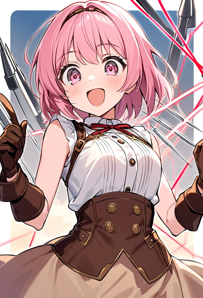 20 years old, with short pink hair just below the shoulders, pale pink eyes, and an expression that is serious yet happy. She dresses in an antique style, wearing a long light brown skirt, a sleeveless white blouse with a vertical red line down the center on the buttons, brown gloves, and high boots with many straps. Her weapons are hundreds of needles connected by thread.