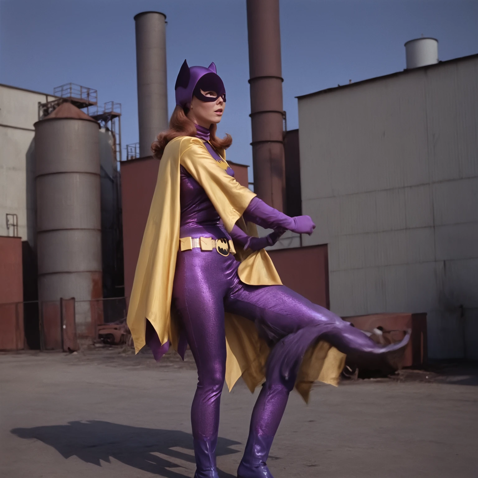 yvonne craig woman, standing weak on a factory, her body leans foward, she is in pain , 60's style, analog film, snapshot, film grain