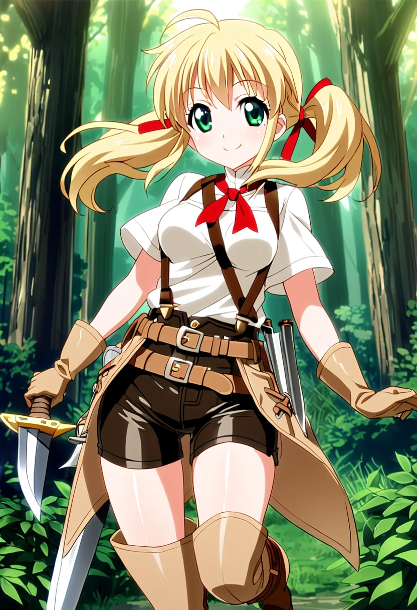 30-year-old anime woman, blonde hair in pigtails, green eyes, tender and smiling expression, long explorer-style shorts with beige suspenders, short-sleeved white blouse, red ribbon in her hair, beige leather gloves, dark beige, in forest leather boots that reach mid-calf, her weapons are two daggers she carries at her waist. 