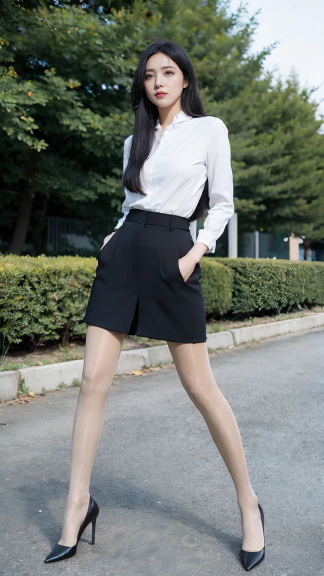 (Hasselblad:1.2),1girl,solo,black eyes,black hair,long hair,White shirt,outdoors,full body,BLACK Pantyhose,BLACK heels,park,