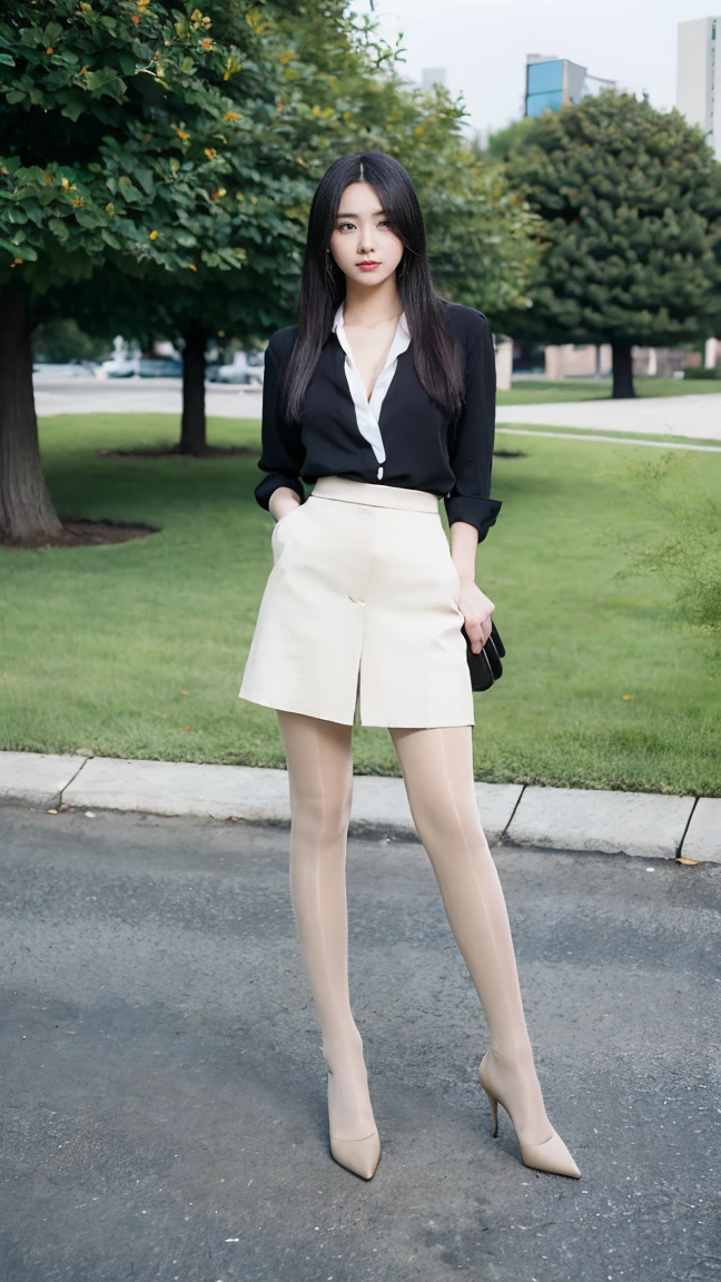 (Hasselblad:1.2),1girl,solo,black eyes,black hair,long hair,White shirt,outdoors,full body,BLACK Pantyhose,BLACK heels,park,