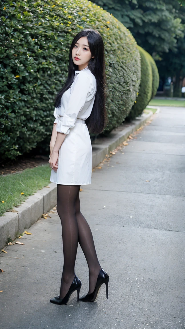 (Hasselblad:1.2),1girl,solo,black eyes,black hair,long hair,White shirt,outdoors,full body,BLACK Pantyhose,BLACK heels,park,