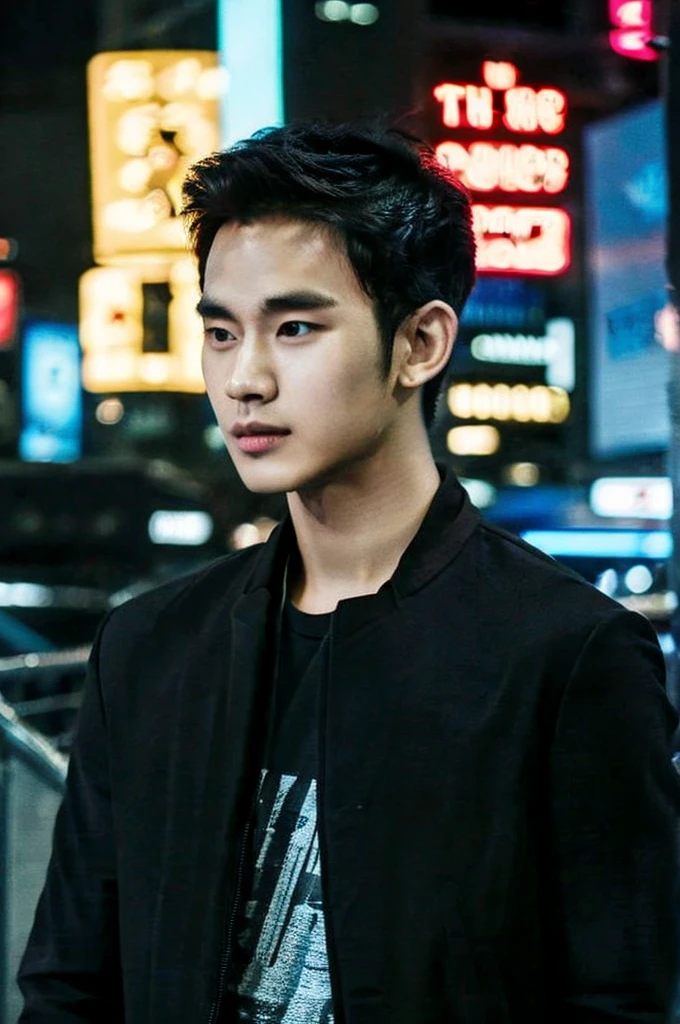 Werewolf, Thai BL actor, 18 years old, very handsome., My hair is very short and has an undercut., black jacket, Futuristic neon cyberpunk city