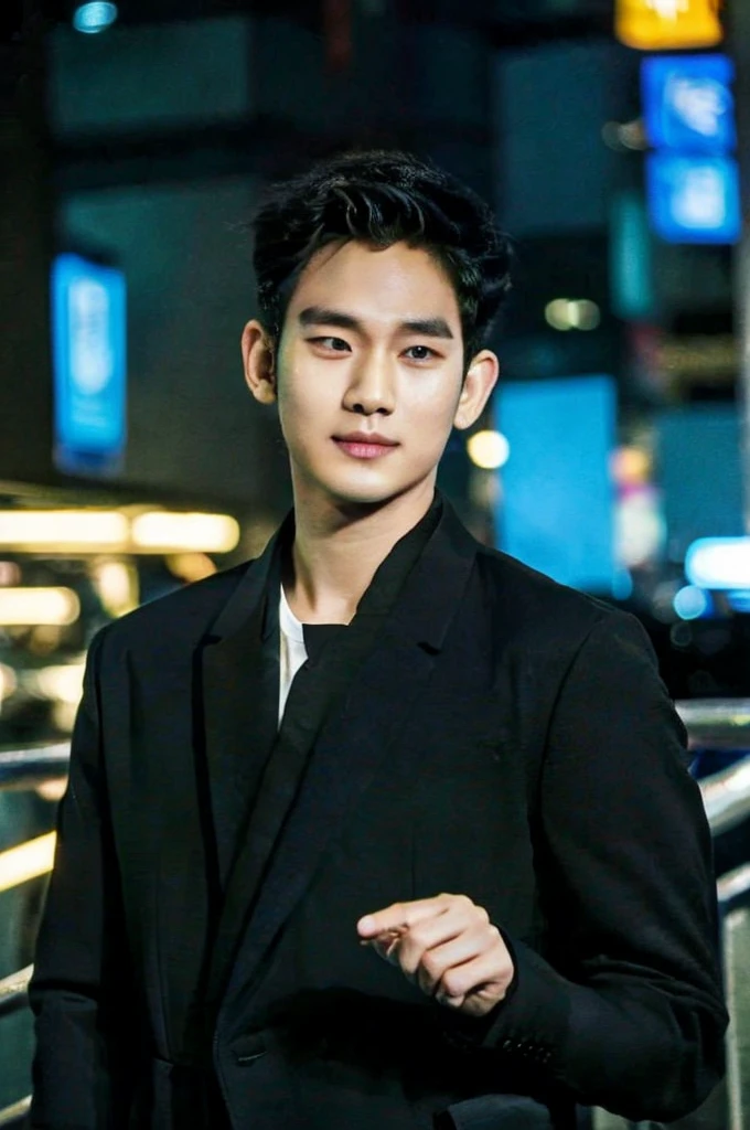Werewolf, Thai BL actor, 18 years old, very handsome., My hair is very short and has an undercut., black jacket, Futuristic neon cyberpunk city