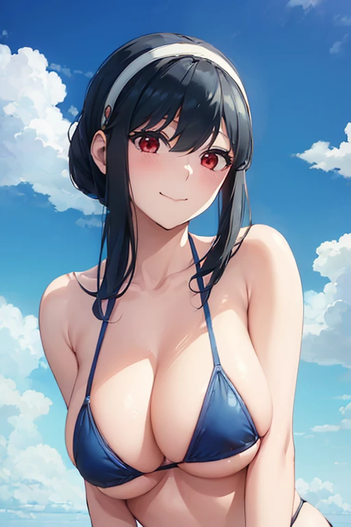 (SFW:1.8、masterpiece, Highest quality),1people々, 一people々in, Absurd、現実inは捉えられないディテールと美しさ、hyper Realistic, Realistic,Realistic, Look at the audience, 美しいbangs:2、魅力的なbangs:2、bangs:2、The underboob is visible:1.6), Mouth closed, Big breasts eye、eyelash、 whole :2, Cleavage:2、(((Add highlights to the eyes:1.4、Big breasts eye、Long Hair、She is very 美しい and cute、Show me your ears、Beautiful long neck:1.8、smile、Close your mouth and smile:1.5、bangsと美しい歯)))、Ideal body type、((A background of blue sky with very beautiful clouds:2、Very beautiful deep blue sky background:2))、Beautiful long neck:1.6、Perfect Anatomy、people々々Beautiful pads that make you feel happy:2、自然in快適な照明、Keep an eye on your audience、Look up at the viewer slightly above、Look up a little、Shadow Fade、Listen carefully、smile、Lean forward to show your breasts、whole body、((Black Hair、Red Bikini、White hair band、Red eyes))