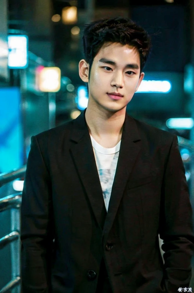 Werewolf, Thai BL actor, 18 years old, very handsome., My hair is very short and has an undercut., black jacket, Futuristic neon cyberpunk city