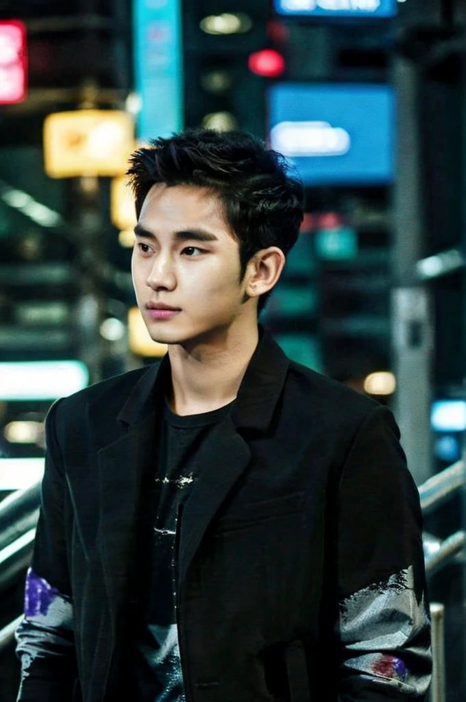 Werewolf, Thai BL actor, 18 years old, very handsome., My hair is very short and has an undercut., black jacket, Futuristic neon cyberpunk city