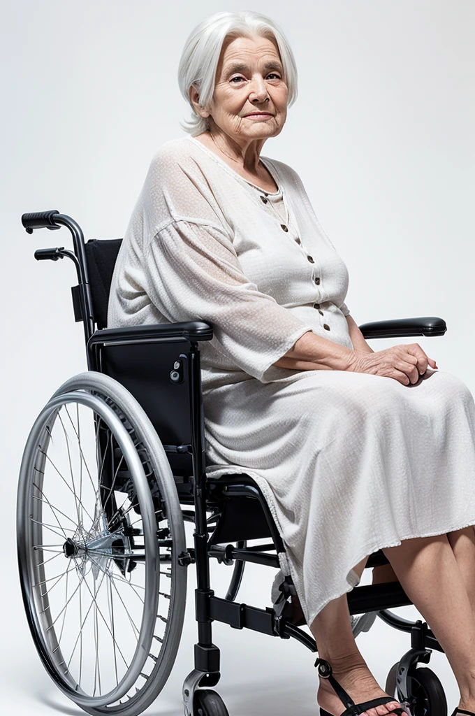 a full-length old grandmother in a wheelchair and with white hair on her back with a white background