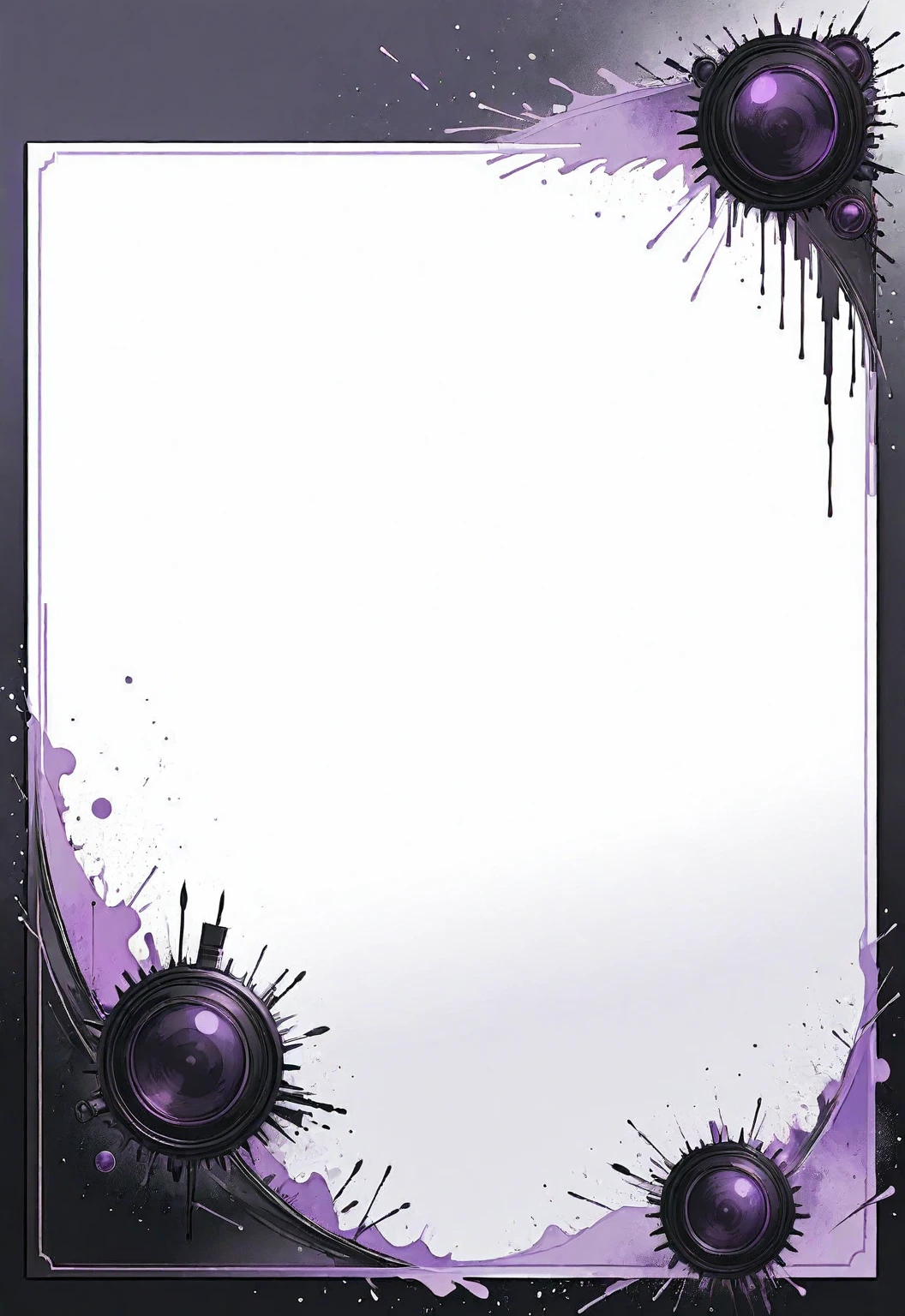 A card border UI,Modern urban minimalist style,Suspense style,Profile Style。Leave a square blank space in the middle,Parchment backing,There are blood stains on it。Black and White、yellowish、Lilac main color。