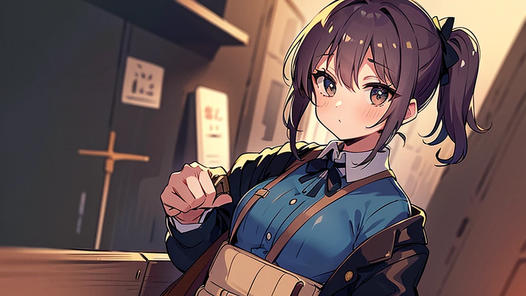 Showa retro cityscape、steampunk、Work clothes、Ponytail、girl、Holding the tool in your hand