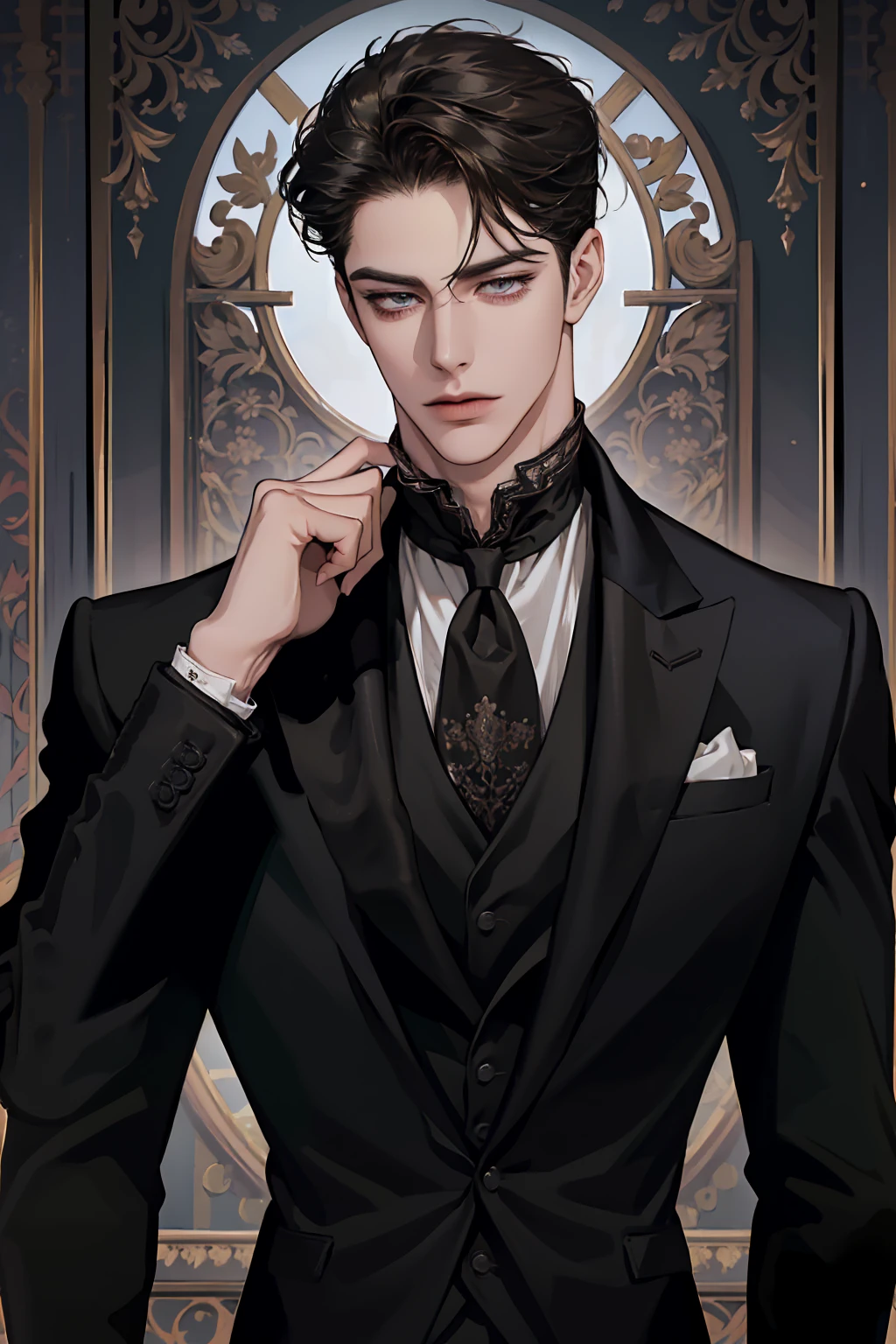 (absurd, ultra-detailed, high quality, masterpiece), 1 man, solo, adult, mature, handsome, tall muscular guy, broad shoulders, elegant pose, upper body, dark short styled hair, hazel eyes, intricate eyes, noble, aloof, anime style, regency era, dark clothing, neat suit, cravat, white shirt