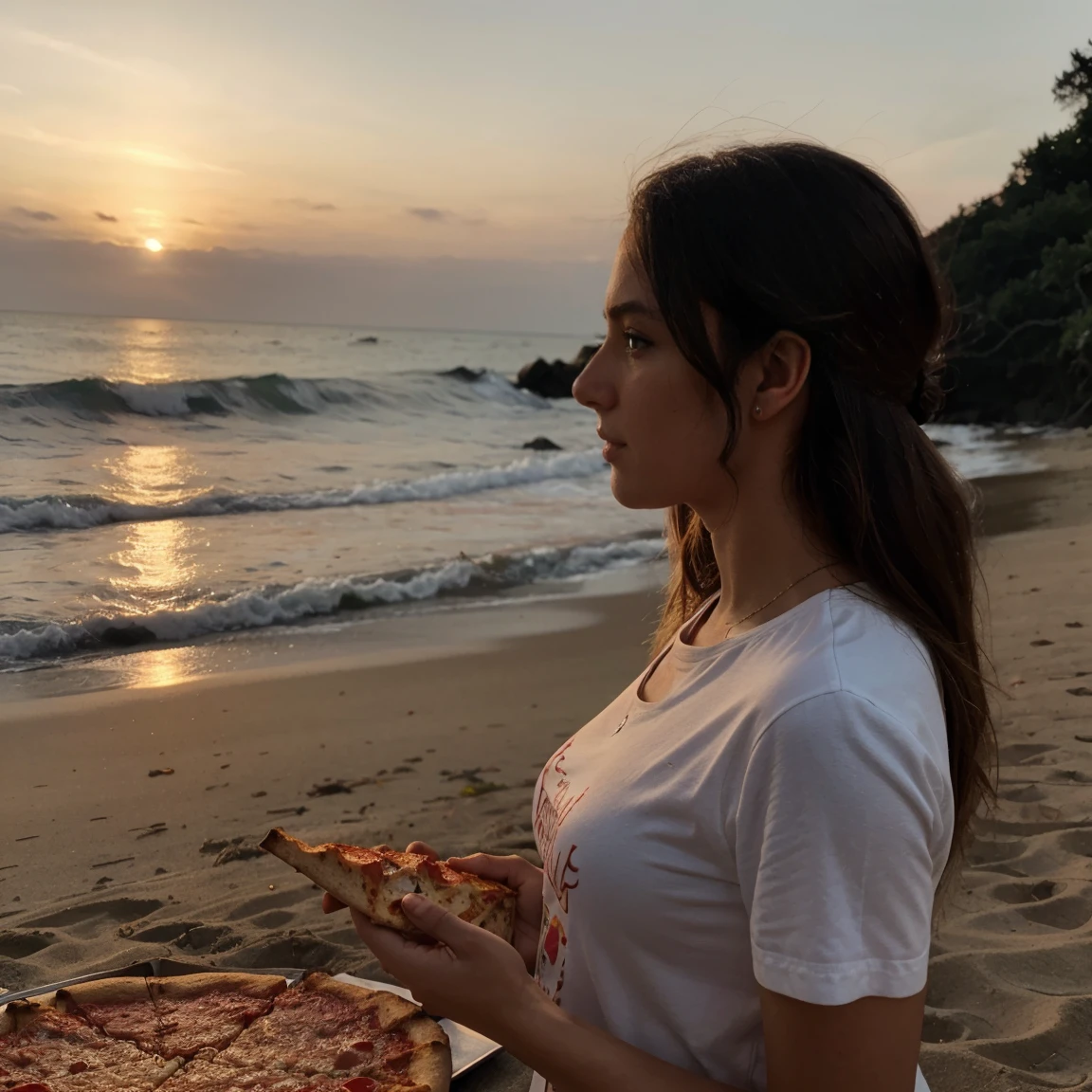 Lucie eating pizza in the evening on the beach, profile view