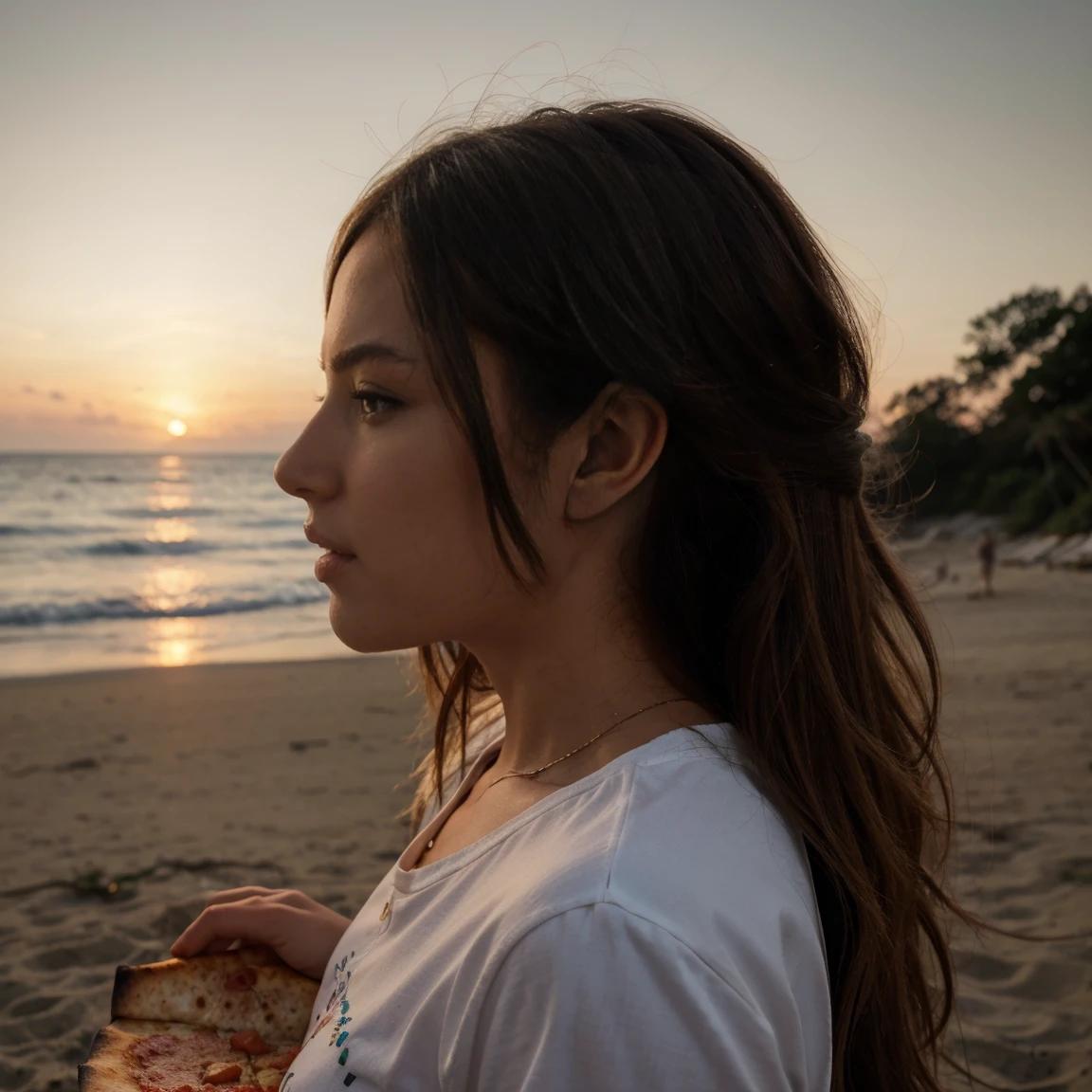 Lucie eating pizza in the evening on the beach, profile view