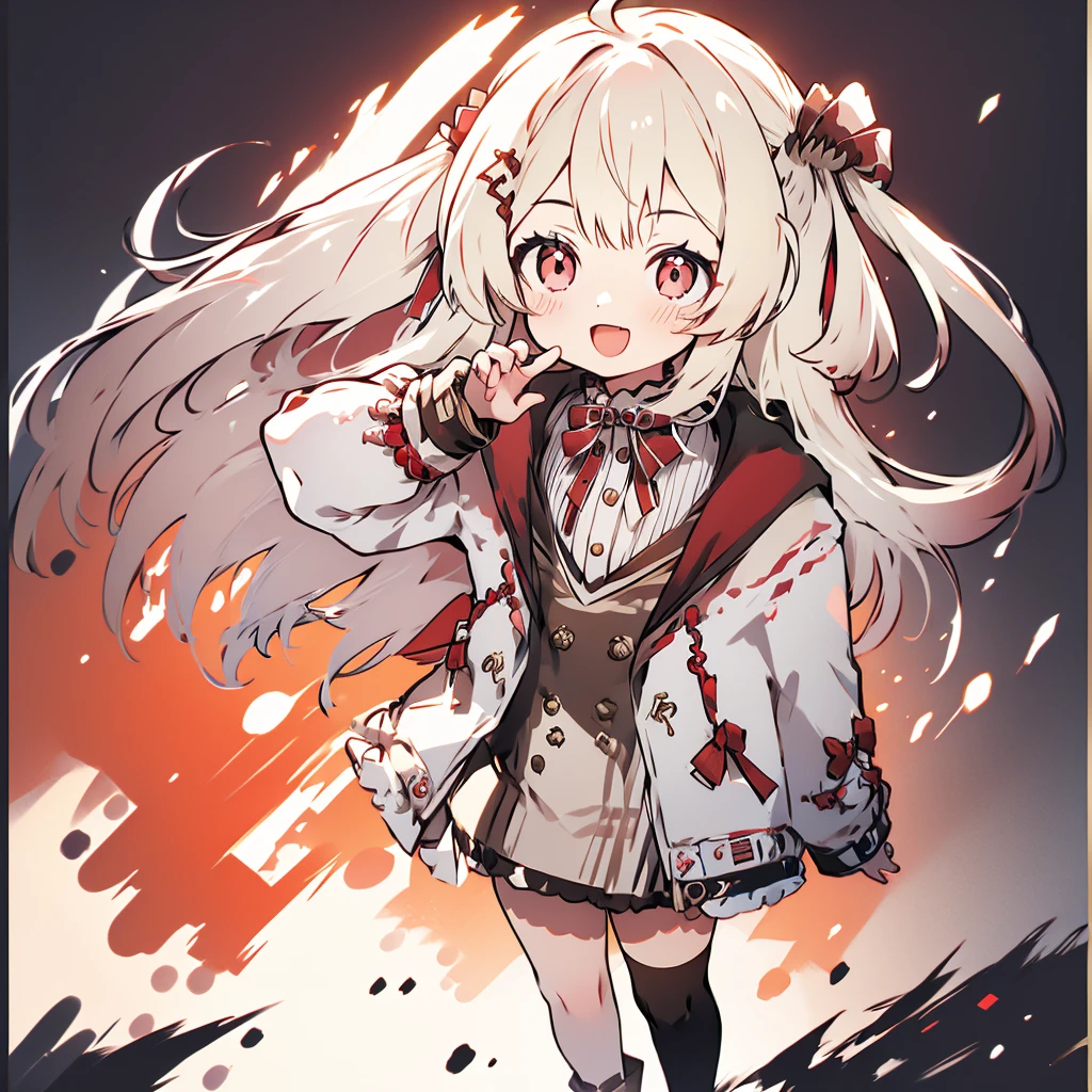 masterpiece, best quality, highres, kanadeyj, long hair, one side up, hair ribbon, hair ornament, ahoge, red eyes, neck ribbon, red ribbon, brown dress, white jacket, open clothes, long sleeves, thigh strap, black thighhighs, outdoors, cherry blossoms, standing, leaning forward, smile, open mouth, hand on own knee,