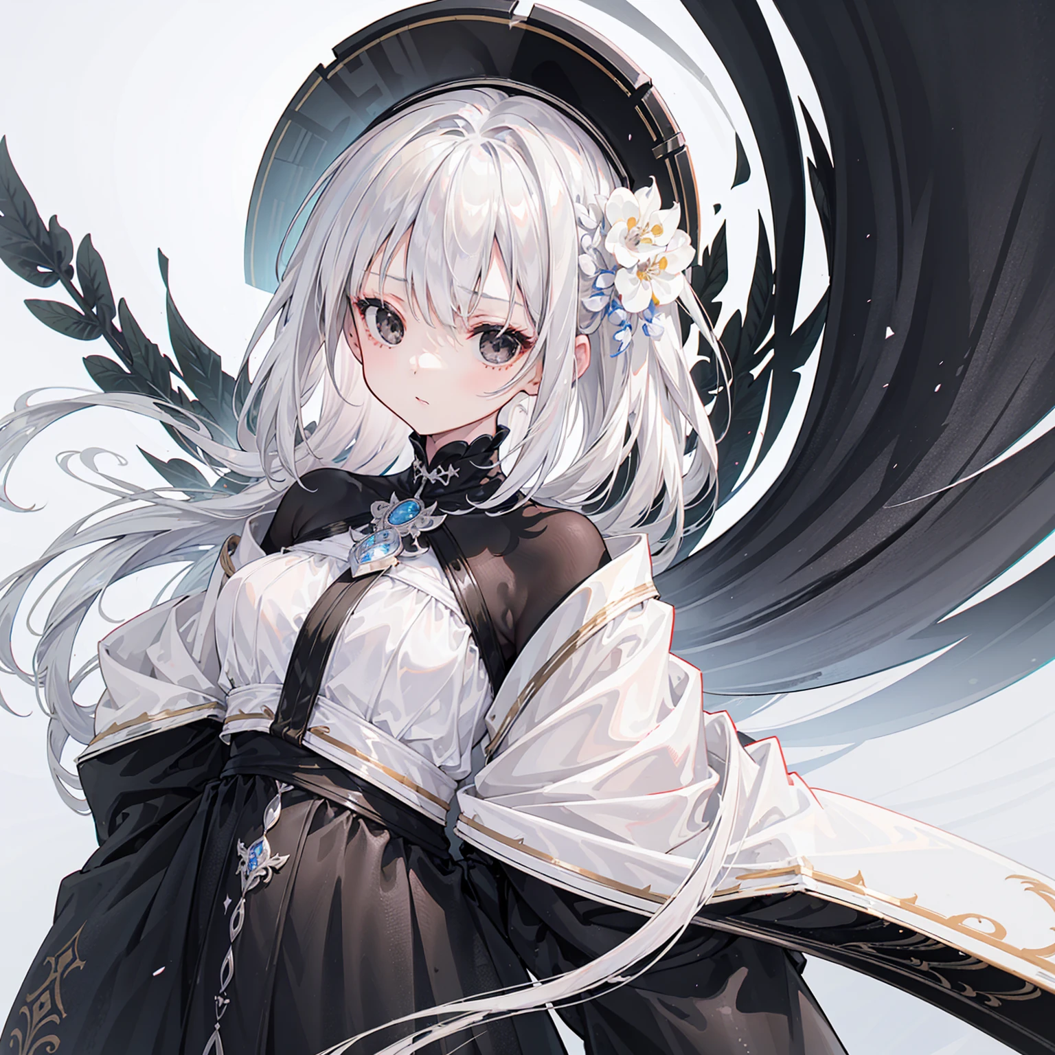 (Top image quality)、(Ultra Detailed)、(Facing forward)、top quality、masterpiece、((((1 girl))))、Silver Hair、white hair、((Long hair))、(black eyes:1.6)