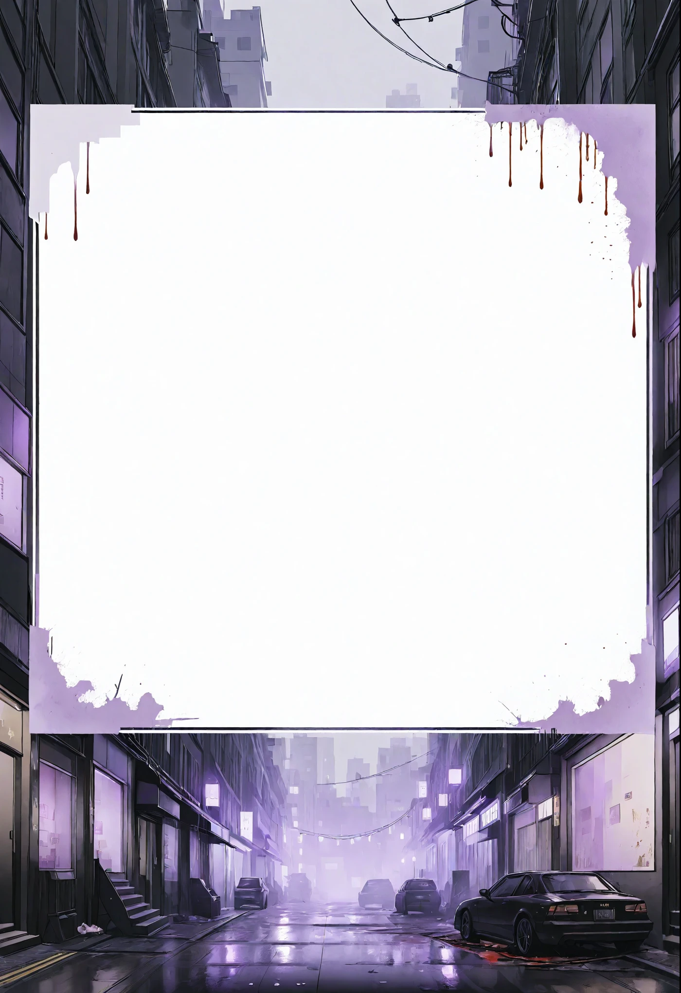 A card border UI,Modern urban minimalist style,Suspense style,Profile Style。Leave a square blank space in the middle,Parchment backing,There are blood stains on it。Black and White、yellowish、Lilac main color。