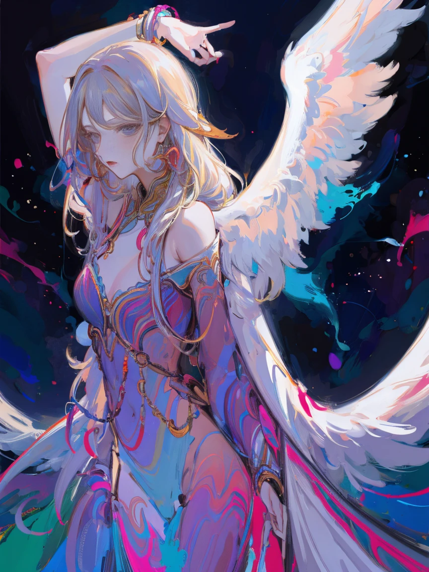 Разработано nty, woman, (angelic), Multi-colored clothes, complex parts, color background, abstract