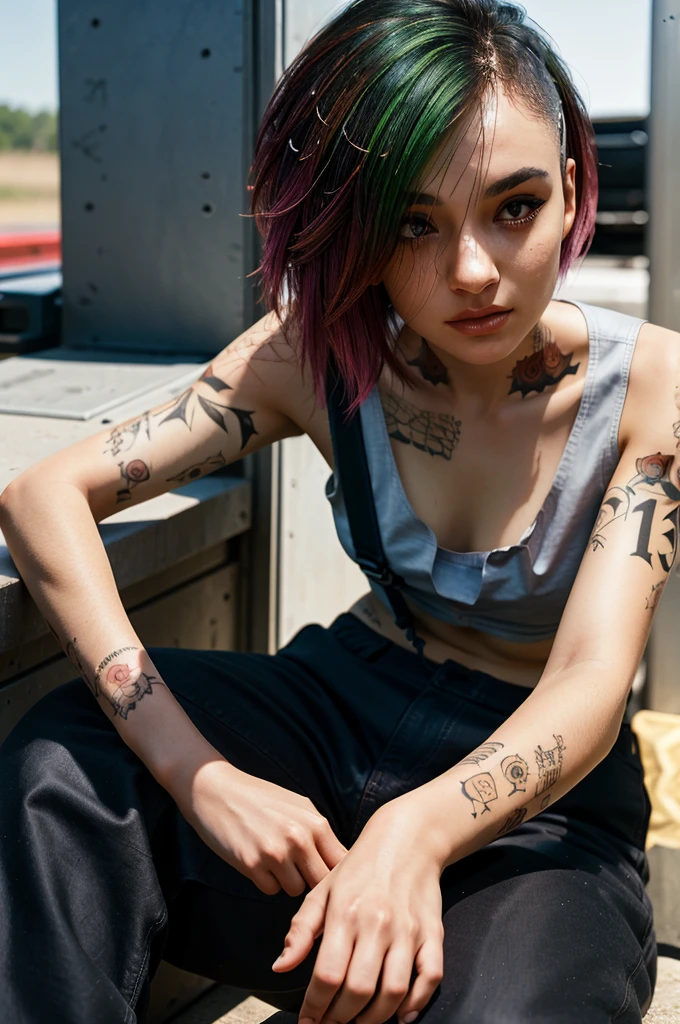 (Multiple angles))A stunning full color intricate portrait in Ultra-HD, a 24 year old girl, detailed face, ((ultra detailed, masterpiece, best quality)), short multicolored hair, brown eyes, makeup, tattoos, tank top, black pants, full body, epic character composition . . alessio albi, nina masic, sharp focus, natural lighting, subsurface dispersion, f2, 35mm