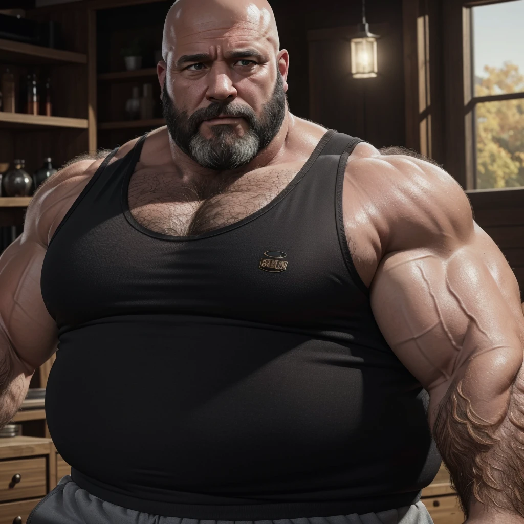 8K resolution very realistic An award-winning original photo,8K Very Realistic Accurate Bearded Big Bald Middle Aged Manly Chubby Fat Muscular Beefy Burly big belly hairy daddy bear man,( wearing an accurate shorts ),( wearing an accurate Black Singlet Cotton Vests Training Tank Top ),( 8K Very realistic Accurate shoulders), 8K very realistic accurate detailed shoulders, 8K Very Realistic Accurately detailed bearded big bald middle aged daddy bear big belly chubby muscular manly burly beefy hairy daddy bear man, 8K very realistic accurate beard, 8K very realistic accurate detailed beard, 8K very realistic accurate body hair, 8K very realistic accurate detailed body hair, 8K very realistic accurate mens clothing,8K very realistic accurate detailed mens clothing,( 8K Realistic Detailed face:1.3),8K very realistic accurate arms,8K very realistic accurate detailed arms, 8K very realistic accurate hands, 8K very realistic accurate detailed hands, 8K very realistic accurate elbows, 8K very realistic accurate fingers, 8K very realistic accurate detailed fingers, 8K very realistic accurate wrist, 8K very realistic accurate chest, 8K very realistic accurate burly belly, 8K very realistic accurate detailed burly belly, very realistic accurate detailed chest, 8K very realistic accurate pecs, 8K very realistic accurate pecs, 8K very realistic accurate thick neck, 8K very realistic accurate neck, 8K very realistic accurate detailed neck, 8K very realistic accurate detailed neck lines,8K very realistic accurate lips,8K very realistic accurate lips,8K very realistic accurate eyes,8K very realistic accurate detailed eyes, 8K very realistic accurate big burly body, 8K very realistic accurate detailed big burly body, volumetric lighting,( 8K Very High Best quality,8K A Very high resolution, 8K Very Photorealistic),8K very realistic accurate Intricate details,very accurate daddy bear photoshoot, 8k High hdr,8K Very Realistic upper body shot, 8k very realistic detailed upper body shot