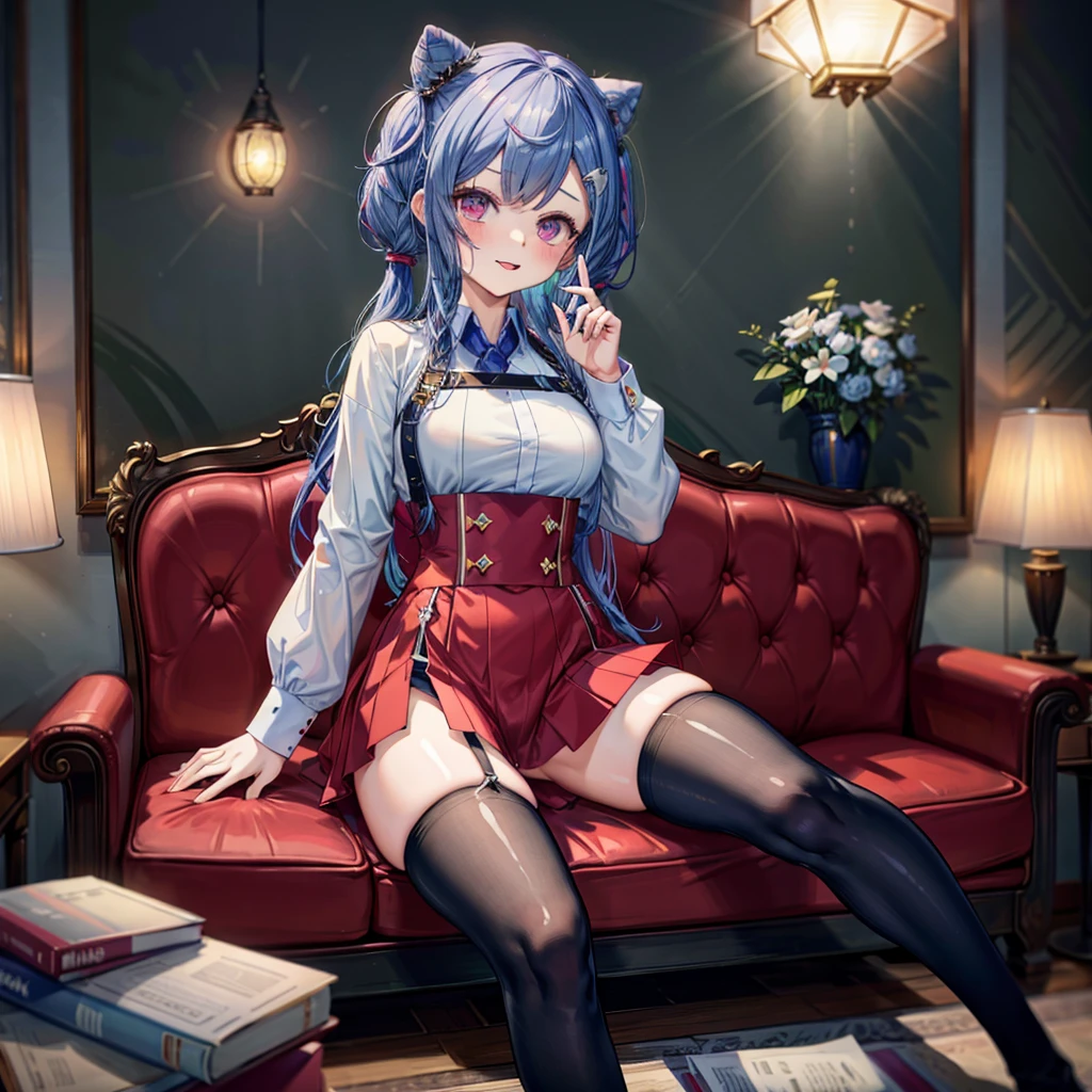 ((Highest quality)), ((masterpiece)), (detailed), (nsfw), the cartoon girl is sitting on the couch wearing a pink outfit and holding a bottle, 1girl, 独奏, thighhighs, twintails, pelvic curtain, white thighhighs, double bun, breasts, long hair, blush, blue eyes, looking at viewer, chinese clothes, sitting, spread legs, open mouth, tongue out, naughty face, pussy