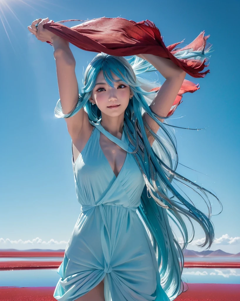 (Highest quality, 32k, High resolution, Masterpiece:1.5), marimo_jet, god々A photograph with brilliant dazzling and healing power., Evoking a sense of calm and elusive beauty, Expressing emotions, Have a rich imagination, Beautiful Japanese Girls, An exceptionally beautiful face, Small Face Beauty, , Perfect Human Anatomy, Magical big eyes, Motherhood and generosity, Deep Love, fleeting smile, ((Shiny light blue hair:1.3)), Beautiful super long hair swaying in the wind, Asymmetrical bangs, Hair between the eyes, Transparent, soft white skin, Sharp eyebrows, Thin lashes, ((Natural Makeup:1.3)), (Red dress:1.6), ((High resolutionの美しい太もも)), ((Distant Horizon:1.5)), ((Salar de Uyuni stretches to the horizon:1.3)), ((The water surface reflects the sky like a mirror:1.3)), Beautiful detailed blue sky, Professional photographer, Professional Lighting, Professional models
