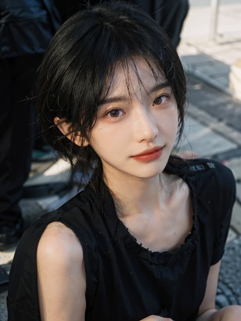(Skin details:1.4), (smooth skin textures:1.3), (Upper Body:1.4),(Upper Body:1.3),(Black clothes:1.4),Lipstick, background, earrings, serene, calm, (Realistic and detailed eyes:1.2), Natural skin texture, Realistic facial details, Soft dramatic lighting, Vivid details, 35 mm film, outdoor, (Photo Practical:1.4), (hyper Practical:1.4), (Practical:1.3), (Smoother lighting:1.05), (Improve lighting quality:0.9), (Highest quality real skin textures:1.4), Exquisite eyes, Delicate face, Close-up of face, (Enhance the beauty of skin texture:1.1),0Normal body proportions, short hair, Moles under the eyes, A faint smile,Portrait Photography, Depth of Field, Bokeh, Surrealism, Ray Tracing, (Portrait Photography:1.1), Surrealism, High Detail, Chiaroscuro, Ray Tracing, reflected light, Ultra HD, Ultra HD, masterpiece, Textured Skin, Super Detail, High Detail, high quality, best quality