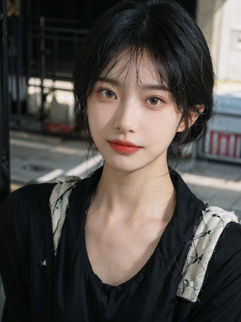 (Skin details:1.4), (smooth skin textures:1.3), (Upper Body:1.4),(Upper Body:1.3),(Black clothes:1.4),Lipstick, background, earrings, serene, calm, (Realistic and detailed eyes:1.2), Natural skin texture, Realistic facial details, Soft dramatic lighting, Vivid details, 35 mm film, outdoor, (Photo Practical:1.4), (hyper Practical:1.4), (Practical:1.3), (Smoother lighting:1.05), (Improve lighting quality:0.9), (Highest quality real skin textures:1.4), Exquisite eyes, Delicate face, Close-up of face, (Enhance the beauty of skin texture:1.1),0Normal body proportions, short hair, Moles under the eyes, A faint smile,Portrait Photography, Depth of Field, Bokeh, Surrealism, Ray Tracing, (Portrait Photography:1.1), Surrealism, High Detail, Chiaroscuro, Ray Tracing, reflected light, Ultra HD, Ultra HD, masterpiece, Textured Skin, Super Detail, High Detail, high quality, best quality