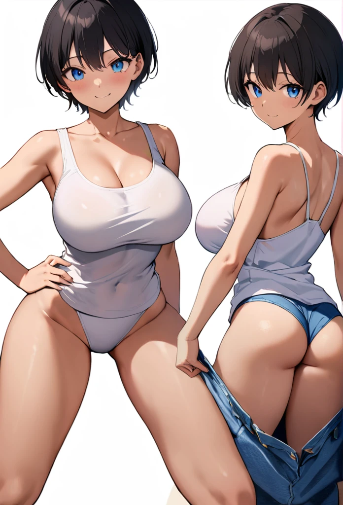 16k works,Highest quality,18-year-old,No background.White background only,whole body、sexy, One person, Beautiful Face,, Symmetrical eyes, Perfect body, Good balance、 Perfect body、Split, Black short hair、, White sleeveless tank top,Blue Denim Shorts、refreshing、smile、(Big Breasts:1.3)