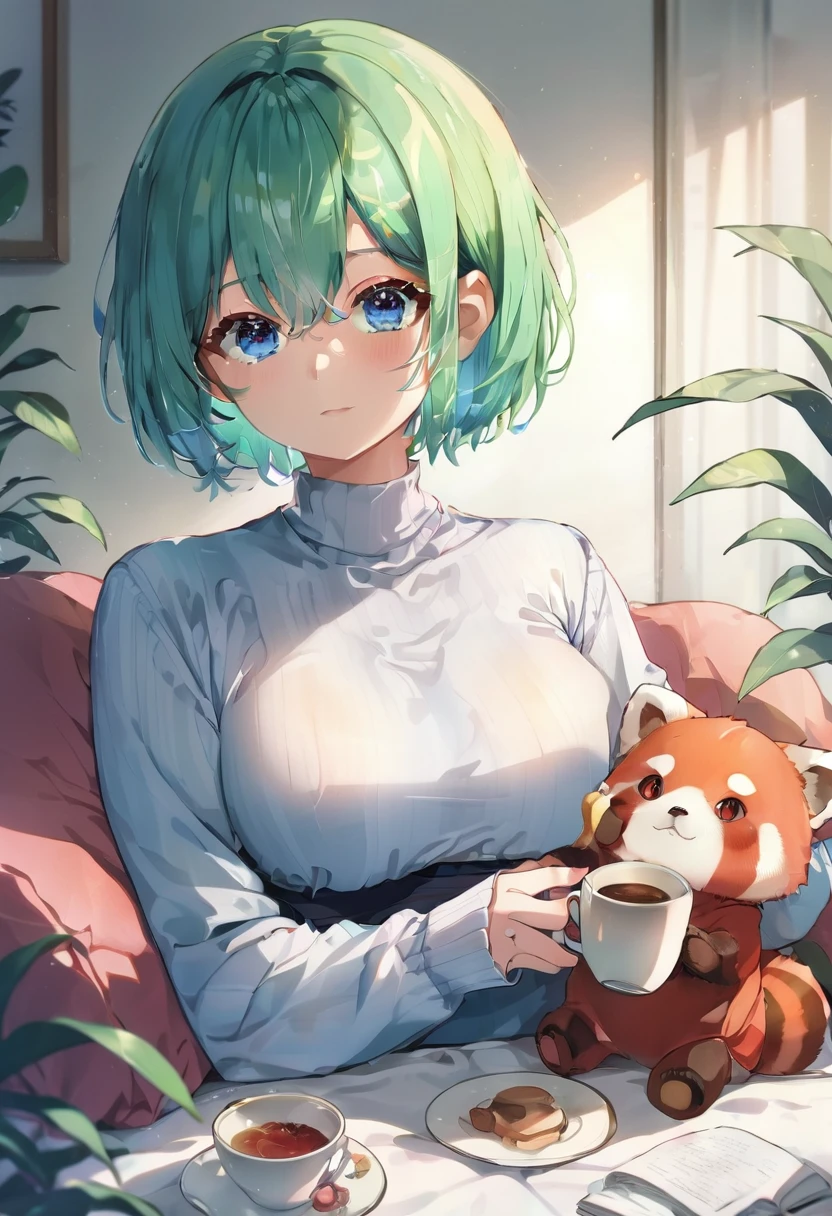 Blue-green hair　girl　Blue Eyes　Short Hair　Red panda stuffed toy　Second Dimension　anime　Chivalry　An illustration　vtuber　Beautiful breasts　D cup long sleeve　Canine