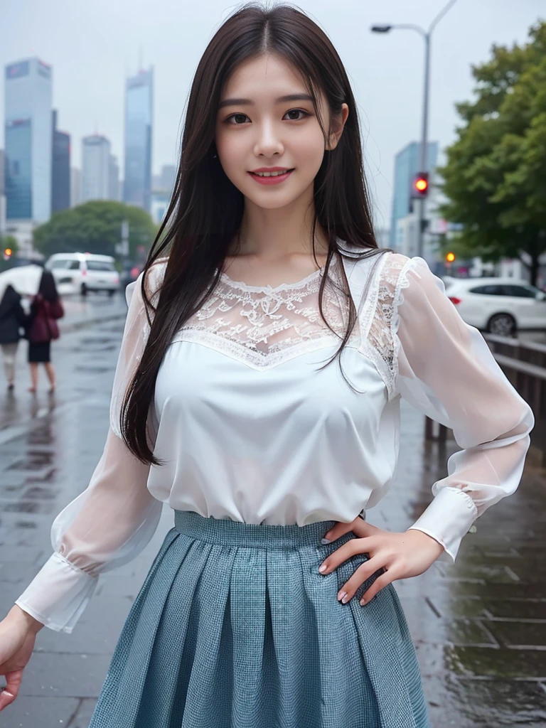 ((best quality, 8K, masterpiece: 1.3)),upper body,Black Hair, black eye,sharp focus: 1.2, beautiful woman with a perfect body: 1.4, ((Medium Hair, large: 1.2)), (small and beautiful hard (White long sleeve blouse with lace、Silk Tight dark turquoise long skirt), (wet from rain: 1.2), (rain, street: 1.2), wet body: 1.1, Highly detailed face and skin texture, detailed eyes, double eyelids, White skin,,E cup,smile,Financial district of the big city,Skyscraper,White skin,Wet Hair、Wet Skin、Wet clothes、smile、