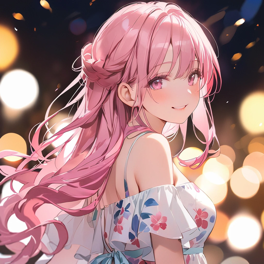 A cute girl, 20years old, smiling, medium breasts, dark-pink eyes, light-pink hair, long hair, wearing a white-pink floral print dress, off-shoulder, standing, closeup, arms down, background bokeh, blurry 