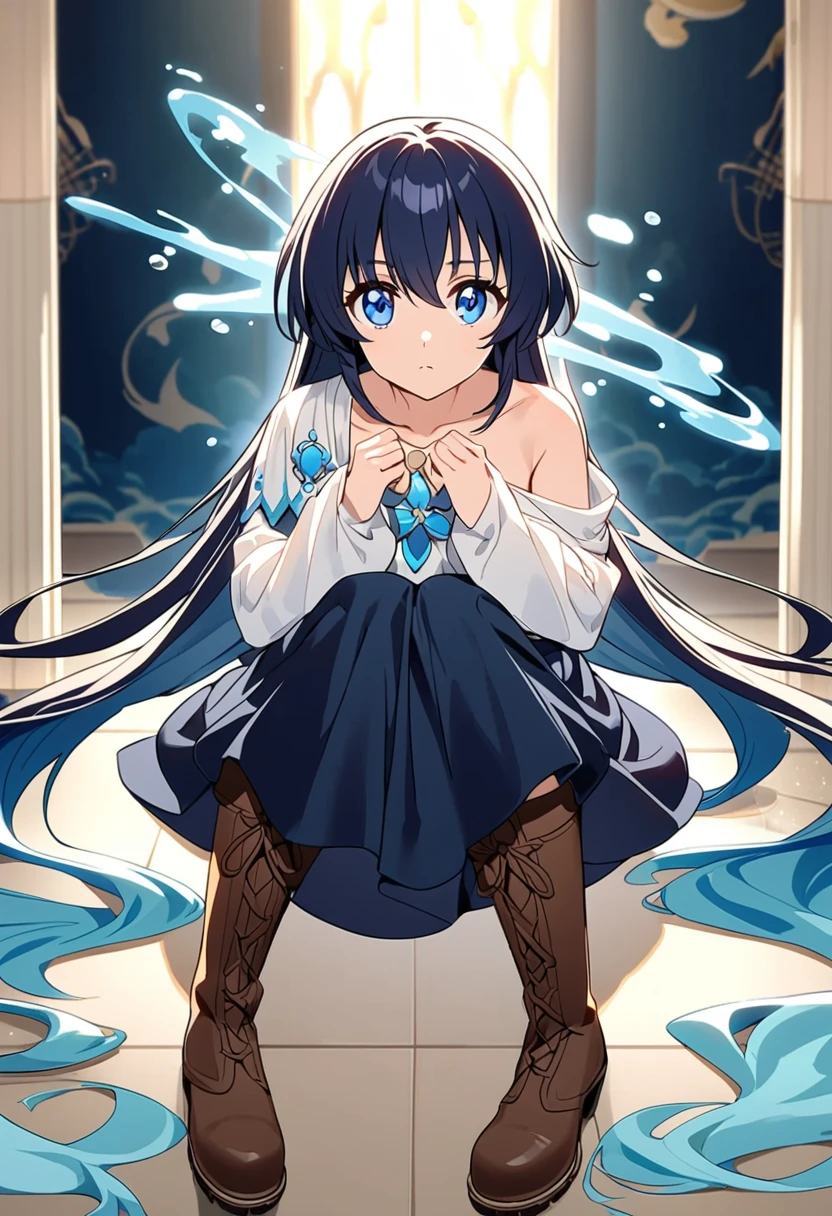 20 years old anime girl, with short dark blue hair to the shoulders, a serious yet tender expression, and bright light blue eyes. She dresses in an antique style, wearing a long dark blue skirt that reaches her knees, and small dark brown boots up to her ankles. Her white blouse is long-sleeved, covering her fingers slightly, and falls off one shoulder, leaving it exposed. She possesses water powers and has a water-themed background.