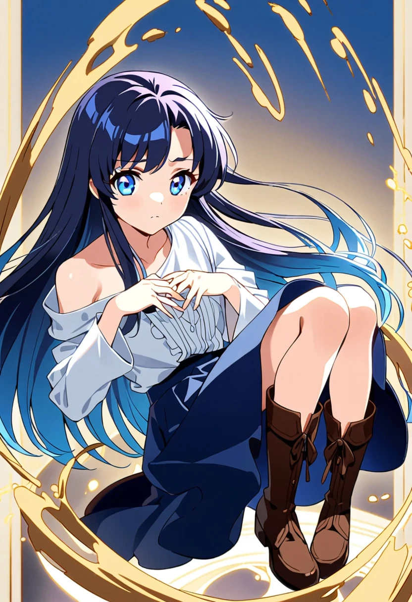 20 years old anime girl, with short dark blue hair to the shoulders, a serious yet tender expression, and bright light blue eyes. She dresses in an antique style, wearing a long dark blue skirt that reaches her knees, and small dark brown boots up to her ankles. Her white blouse is long-sleeved, covering her fingers slightly, and falls off one shoulder, leaving it exposed. She possesses water powers and has a water-themed background.