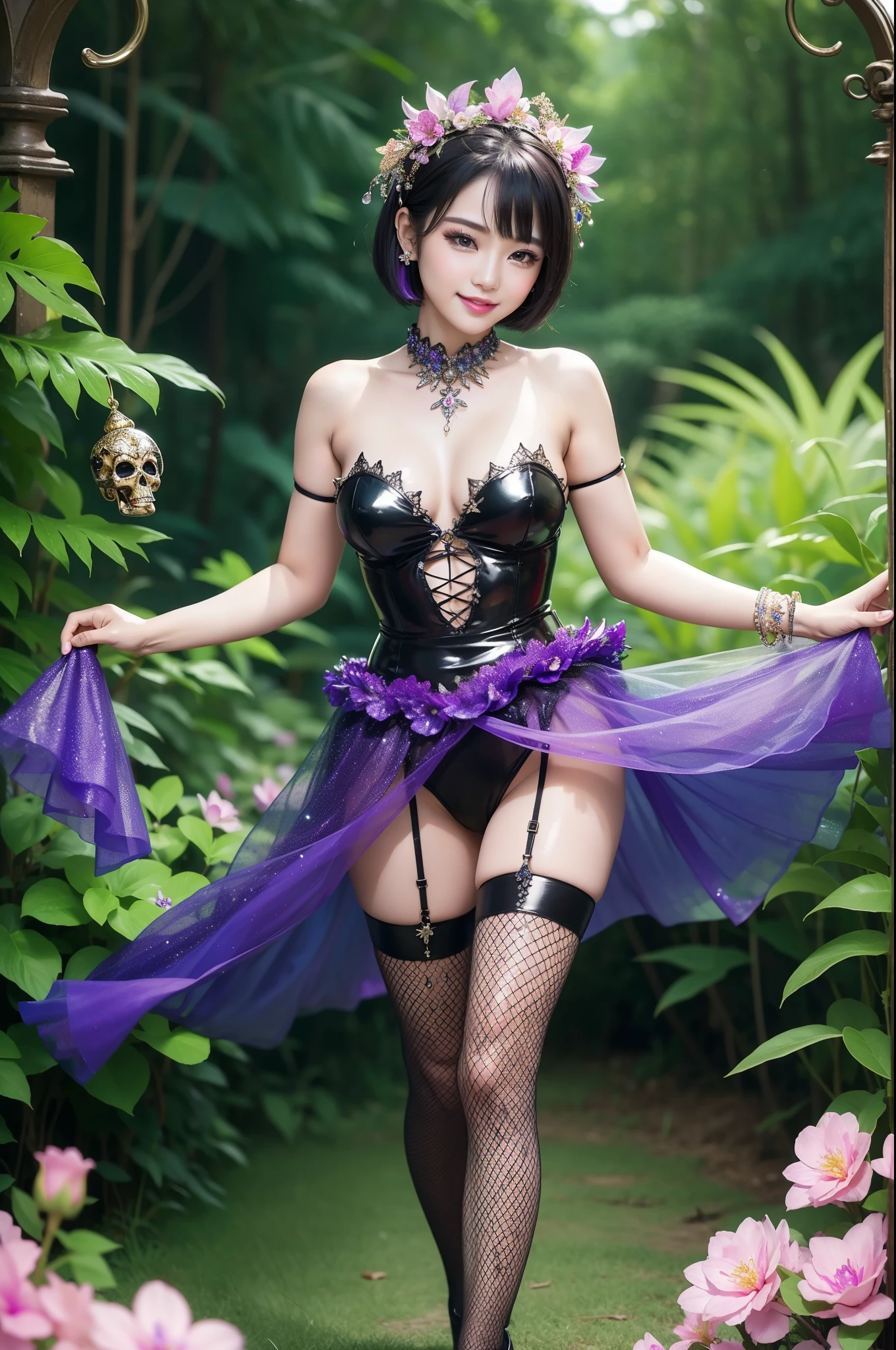 sexy Thai model who controls poison、beautiful smile、lipgloss、dramatic makeup、look at the camera、full body Esbian、、sparkling poisoned enchanted flower costume、、、、shiny sparkling colorful short hair、secrete poison、skull hair accessories、fishnet tights、shiny sparkling dark magic forest background