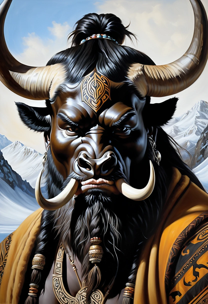 Half man half asian black bull, tribal, Frozen Empire, caramel, beard, horns, skulls, realistic oil painting