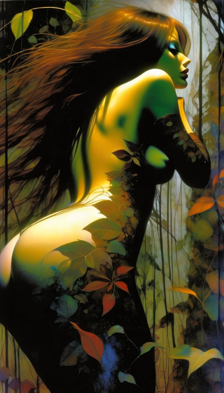 woman covered in plants, covered in plants and leaves, fused with nature, semi-covered body with plants , very long brown hair, medium breasts, perfect ass, moves through the dirty and dark waters of a swamp with sinister vegetation, very sexy and erotica. ,(art inspired by Bill Sienkiewicz). oil painting) (best quality,4k,8k,highres,masterpiece:1.2),ultra-detailed,(realistic,photorealistic,photo-realistic:1.37),intricate details,vivid colors,sharp focus,professional,Dave McKean artwork, oil touch of surrealism,oil painting style,portrait,woman,beautiful detailed eyes,beautiful detailed lips,dreamlike atmosphere,shadow play,soft lighting,playful pose,minimalist room,dark hues,ethereal background,fantasy elements,texture,layered composition.