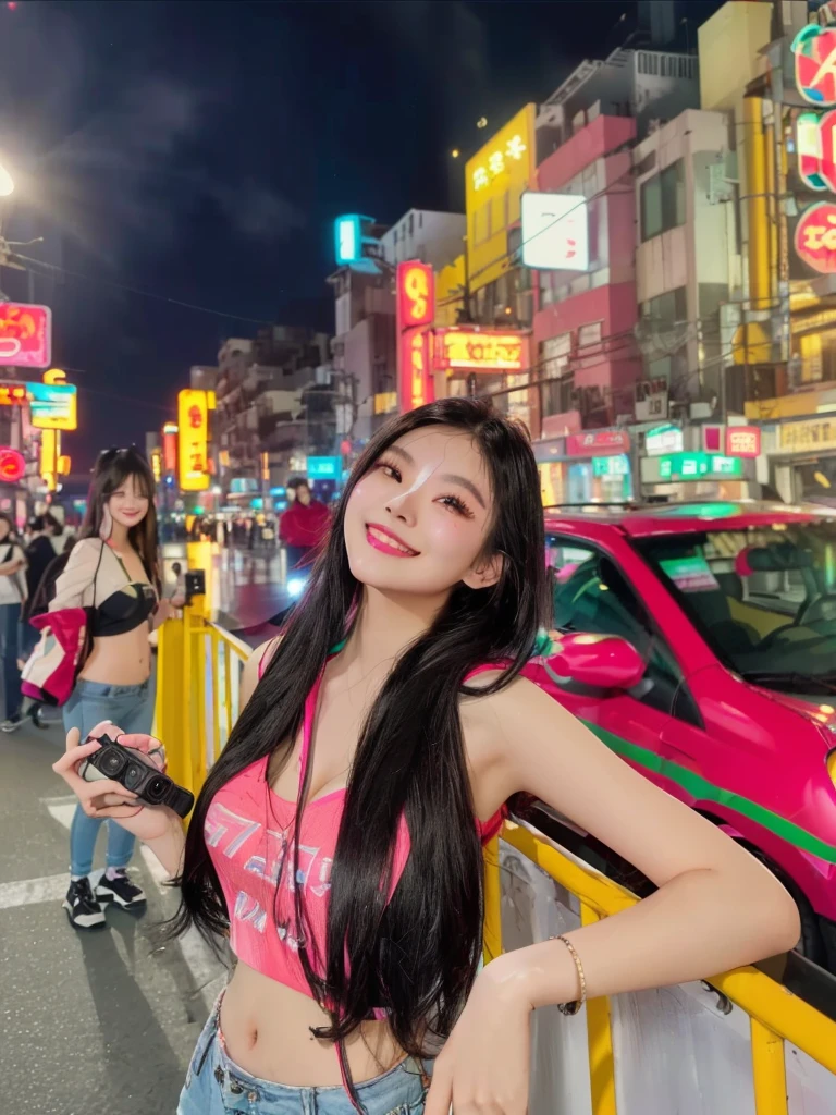 araffe woman standing on a city street at night with a mini camera, at night with neon lights, asian girl with long hair, Mischievous grin, neon lights in the background, neon city in the background, 8k selfie photograph