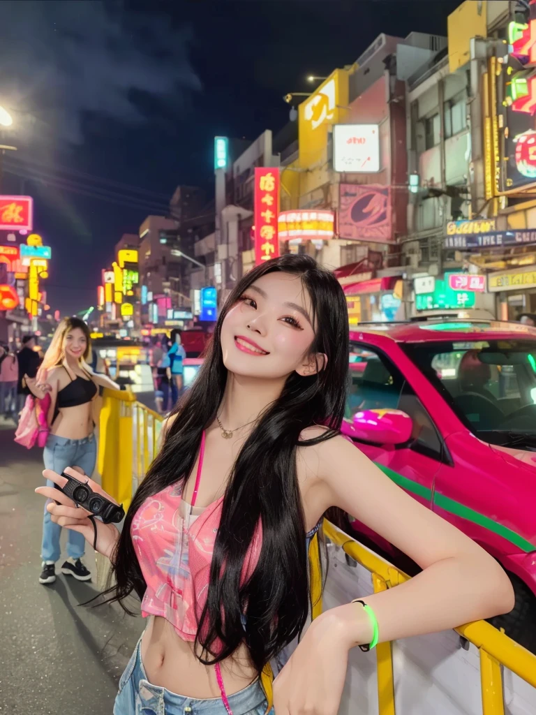araffe woman standing on a city street at night with a mini camera, at night with neon lights, asian girl with long hair, Mischievous grin, neon lights in the background, neon city in the background, 8k selfie photograph
