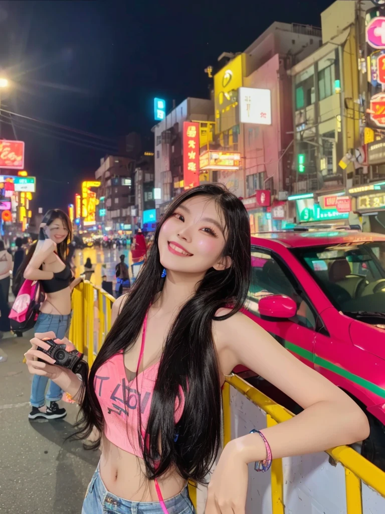 araffe woman standing on a city street at night with a mini camera, at night with neon lights, asian girl with long hair, Mischievous grin, neon lights in the background, neon city in the background, 8k selfie photograph
