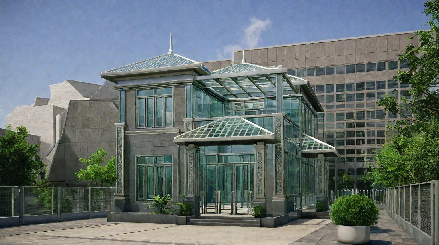 exterior building, realistic, glass, roffing ,tree, human, gate
