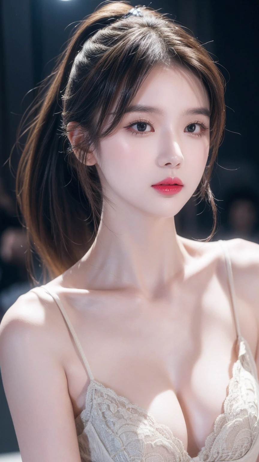 无与伦比的masterpiece, Ultra-realistic 8K CG, Perfect work of art, ((Perfect female image)), Mature woman, Slim waist, Tempting, Clean, Pretty Face, {Very pretty beautiful girl} , 8k wallpaper, {{{masterpiece}} }, 1 Girl, Blonde hair, blue eyes, Ponytail, , Jewelry, Lips, Lipstick, Long hair, Look at the audience, cosmetic, Lips, red Lips, Simple background, Solitary, Upper Body, (Glowing skin),